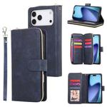 For iPhone 17 Pro Max 9 Card Slots Zipper Wallet Bag Leather Phone Case(Blue)