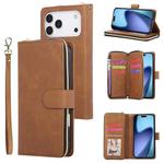 For iPhone 17 Pro Max 9 Card Slots Zipper Wallet Bag Leather Phone Case(Brown)