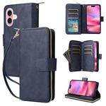 For iPhone 17 9 Card Slots Zipper Wallet Bag Leather Phone Case(Blue)
