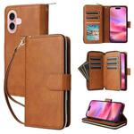 For iPhone 17 9 Card Slots Zipper Wallet Bag Leather Phone Case(Brown)