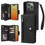 For iPhone 15 Pro Max Rivet Buckle 9 Cards Three Fold Leather Phone Case(Black)