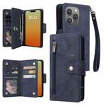 For iPhone 15 Pro Max Rivet Buckle 9 Cards Three Fold Leather Phone Case(Blue)
