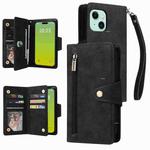 For iPhone 15 Plus Rivet Buckle 9 Cards Three Fold Leather Phone Case(Black)