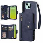For iPhone 15 Rivet Buckle 9 Cards Three Fold Leather Phone Case(Blue)