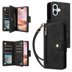 For iPhone 16 Plus Rivet Buckle 9 Cards Three Fold Leather Phone Case(Black)