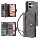 For iPhone 16 Plus Rivet Buckle 9 Cards Three Fold Leather Phone Case(Grey)