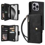 For iPhone 16 Pro Rivet Buckle 9 Cards Three Fold Leather Phone Case(Black)