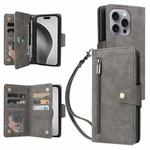 For iPhone 16 Pro Rivet Buckle 9 Cards Three Fold Leather Phone Case(Grey)