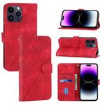 For iPhone 15 Pro Max Embossed Line Leather Phone Case with Lanyard(Red)
