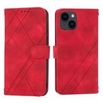 For iPhone 15 Plus Embossed Line Leather Phone Case with Lanyard(Red)