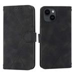 For iPhone 15 Plus Embossed Line Leather Phone Case with Lanyard(Black)