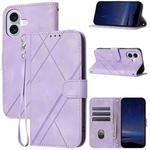 For iPhone 16 Embossed Line Leather Phone Case with Lanyard(Purple)