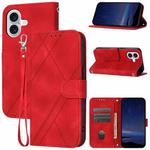 For iPhone 16 Embossed Line Leather Phone Case with Lanyard(Red)