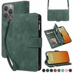 For iPhone 15 Pro Max Crossbody Multi-card Slot Wallet Zipper Leather Phone Case(Green)