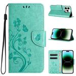 For iPhone 15 Pro Max Butterfly Flower Pattern Flip Leather Phone Case(Green)