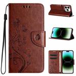 For iPhone 15 Pro Butterfly Flower Pattern Flip Leather Phone Case(Brown)