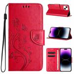 For iPhone 15 Plus Butterfly Flower Pattern Flip Leather Phone Case(Red)