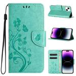 For iPhone 15 Butterfly Flower Pattern Flip Leather Phone Case(Green)