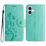 For iPhone 16 Plus Butterfly Flower Pattern Flip Leather Phone Case(Green)