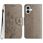 For iPhone 16 Butterfly Flower Pattern Flip Leather Phone Case(Grey)