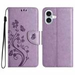 For iPhone 16 Butterfly Flower Pattern Flip Leather Phone Case(Light Purple)