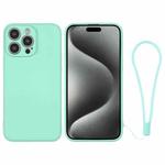 For iPhone 15 Pro Max Silicone Phone Case with Wrist Strap(Mint Green)