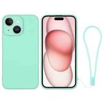 For iPhone 15 Plus Silicone Phone Case with Wrist Strap(Mint Green)