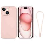 For iPhone 15 Plus Silicone Phone Case with Wrist Strap(Pink)