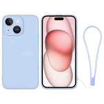 For iPhone 15 Plus Silicone Phone Case with Wrist Strap(Light Blue)