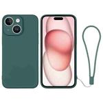 For iPhone 15 Plus Silicone Phone Case with Wrist Strap(Deep Green)