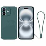 For iPhone 16 Silicone Phone Case with Wrist Strap(Deep Green)