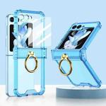 For Samsung Galaxy Z Flip5 Gkk Airbag Hinge Silicone Phone Case with Ring Holder & Tempered Film(Transparent Blue)
