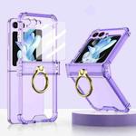 For Samsung Galaxy Z Flip5 Gkk Airbag Hinge Silicone Phone Case with Ring Holder & Tempered Film(Transparent Purple)