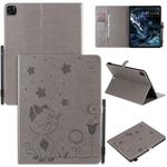 For iPad Pro 12.9 (2020) & (2018) Cat Bee Embossing Pattern Horizontal Flip Leather Tablet Case with Holder & Card Slots & Wallet & Pen Slot(Grey)