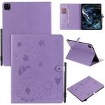 For iPad Pro 12.9 (2020) & (2018) Cat Bee Embossing Pattern Horizontal Flip Leather Tablet Case with Holder & Card Slots & Wallet & Pen Slot(Purple)