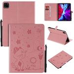 For iPad Pro 11 (2020) & (2018) Cat Bee Embossing Pattern Horizontal Flip Leather Tablet Case with Holder & Card Slots & Wallet & Pen Slot & Wake-up / Sleep Function(Pink)