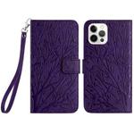 For iPhone 15 Pro Max Tree Birds Embossed Pattern Leather Phone Case(Purple)