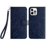 For iPhone 15 Pro Max Tree Birds Embossed Pattern Leather Phone Case(Blue)