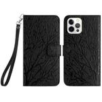 For iPhone 15 Pro Tree Birds Embossed Pattern Leather Phone Case(Black)