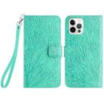 For iPhone 15 Pro Tree Birds Embossed Pattern Leather Phone Case(Green)