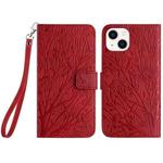 For iPhone 14 Plus Tree Birds Embossed Pattern Leather Phone Case(Red)