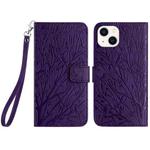 For iPhone 14 Plus Tree Birds Embossed Pattern Leather Phone Case(Purple)
