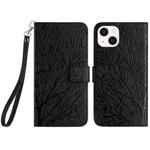 For iPhone 14 Plus Tree Birds Embossed Pattern Leather Phone Case(Black)
