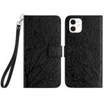 For iPhone 12 Tree Birds Embossed Pattern Leather Phone Case(Black)