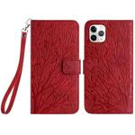 For iPhone 11 Pro Max Tree Birds Embossed Pattern Leather Phone Case(Red)