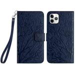 For iPhone 11 Pro Max Tree Birds Embossed Pattern Leather Phone Case(Blue)