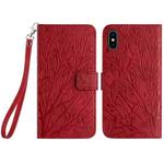 For iPhone X / XS Tree Birds Embossed Pattern Leather Phone Case(Red)