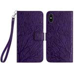 For iPhone X / XS Tree Birds Embossed Pattern Leather Phone Case(Purple)