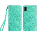 For iPhone X / XS Tree Birds Embossed Pattern Leather Phone Case(Green)