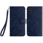 For iPhone X / XS Tree Birds Embossed Pattern Leather Phone Case(Blue)